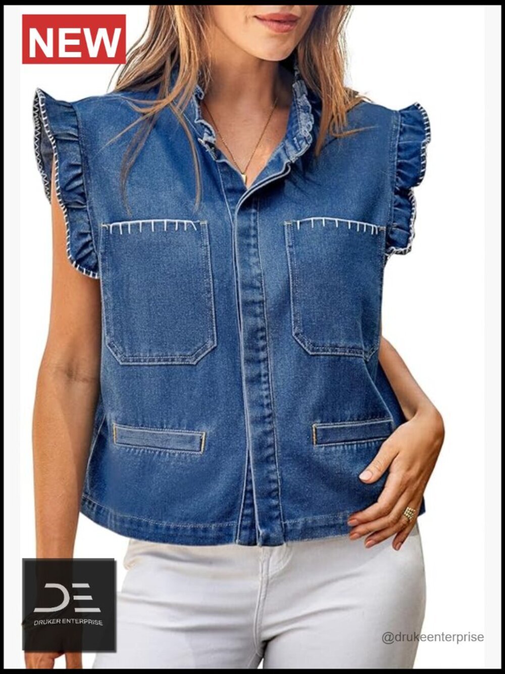 Cropped Denim Vest with Ruffle Sleeves Sleeveless Jean Jacket